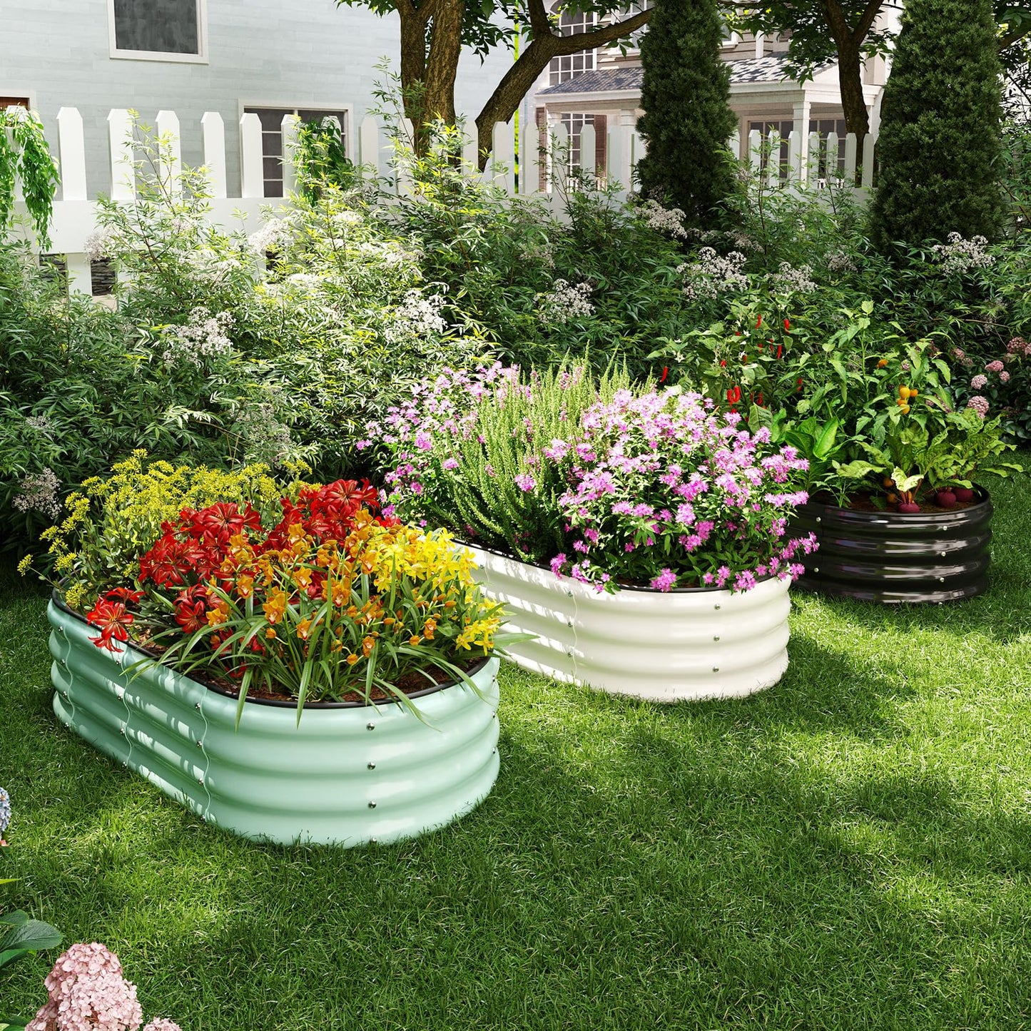 ZFHgarden Galvanized Metal Planter Round Raised Garden Bed Kit for Gardening Outdoor，2x2x1ft Grow Garden Box Raised Flower Bed，Round Galvanized Planter Outdoor Metal Fire Pit Ring White