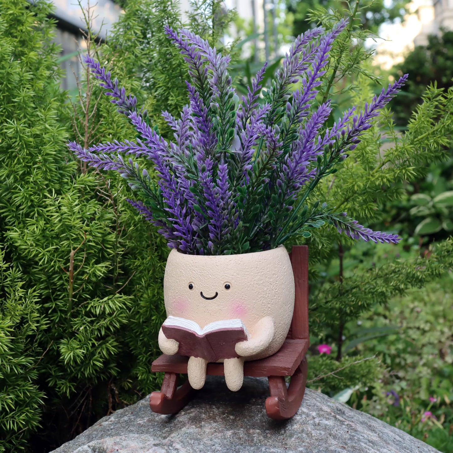 Dolkgy Cute Face Planters Succulent Pots, Funny Rocking Chair Reading Head Flower Planter Cactus Pot with Drainage Hole for Indoor Outdoor Plants, Unique Plant Lover Gifts