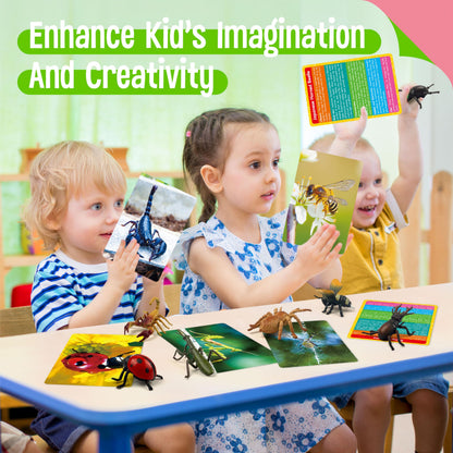 12 PCS Plastic Insect Figurines with 12 Introduction Flashcards, Small Creature Learning Recognition Cards Realistic Bug Models Educational Learning Toy Set for Kids, Classroom