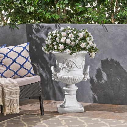 Christopher Knight Home Adonis Traditional Roman Chalice Garden Urn Planter with Lion and Floral Accents, Antique White