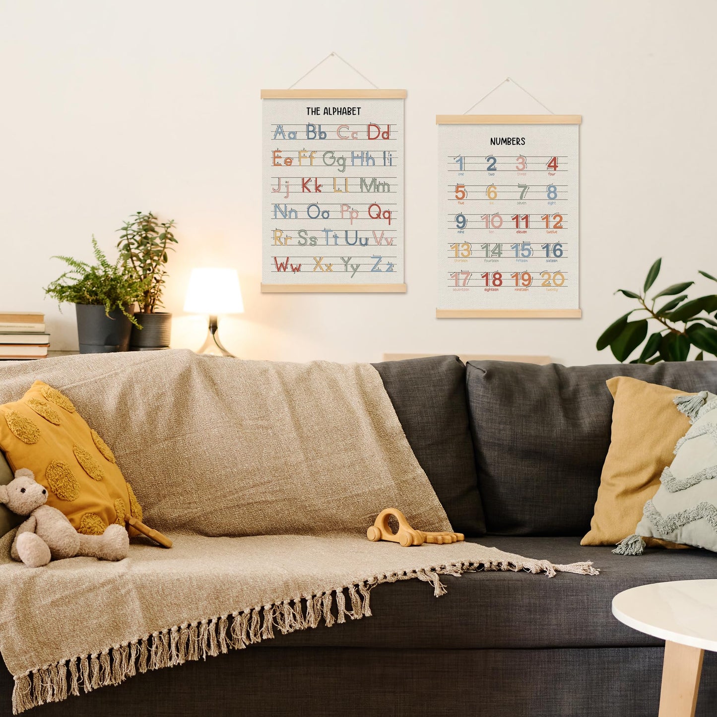 MOTERMATE Boho Alphabet Numbers Poster Hanger Frame, Alphabet Numbers Educational Wall Hanging Decor Art Framed for Kids Nursery Room Classroom, Nursery Wall Poster Prints, 12x16 Inch Set of 2