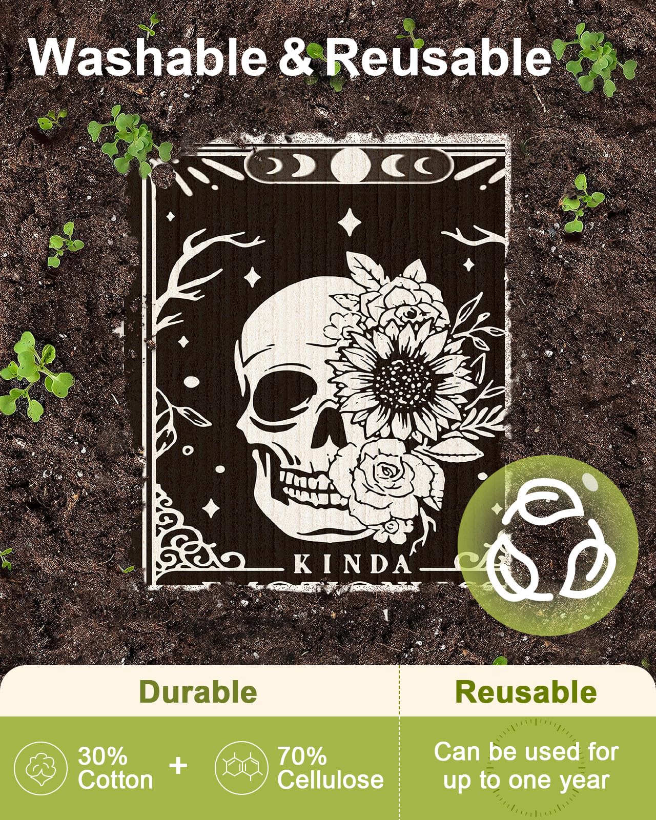 Miss Adola 8 Pack Reusable Kitchen Dishcloths - Absorbent, Fast Drying, Washable Swedish Towels with Cute Black Skull Design