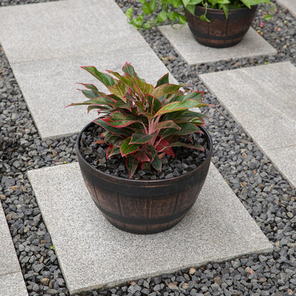 Brown Outdoor Rustic Half Barrel Flower Garden Planter Bowl, Plastic, Medium