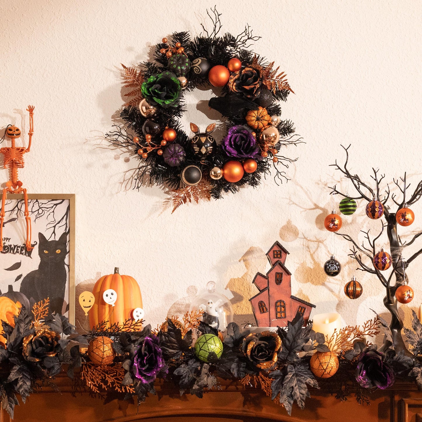 Valery Madelyn 18 Inch Halloween Wreath with Lights for Front Door, Collapsible Pre-Lit Wreath with Fake Crow Pumpkin Halloween Decorations for Home Wall Decor