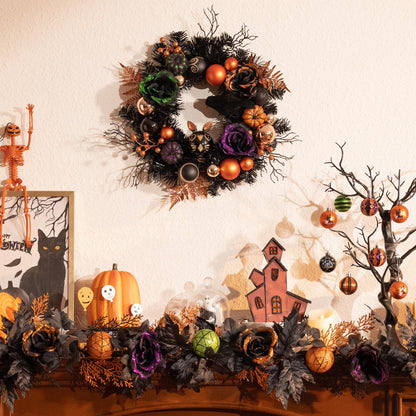 Valery Madelyn 18 Inch Halloween Wreath with Lights for Front Door, Collapsible Pre-Lit Wreath with Fake Crow Pumpkin Halloween Decorations for Home Wall Decor