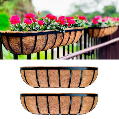 LaLaGreen Deck Railing Planter Boxes for Plants (24 Inch, 2 Pack) Black Metal Wall Planters for Outdoor Plants, Window Flower Box Deck Railings with Coco Liner, Fence Balcony Patio Porch Over Rail