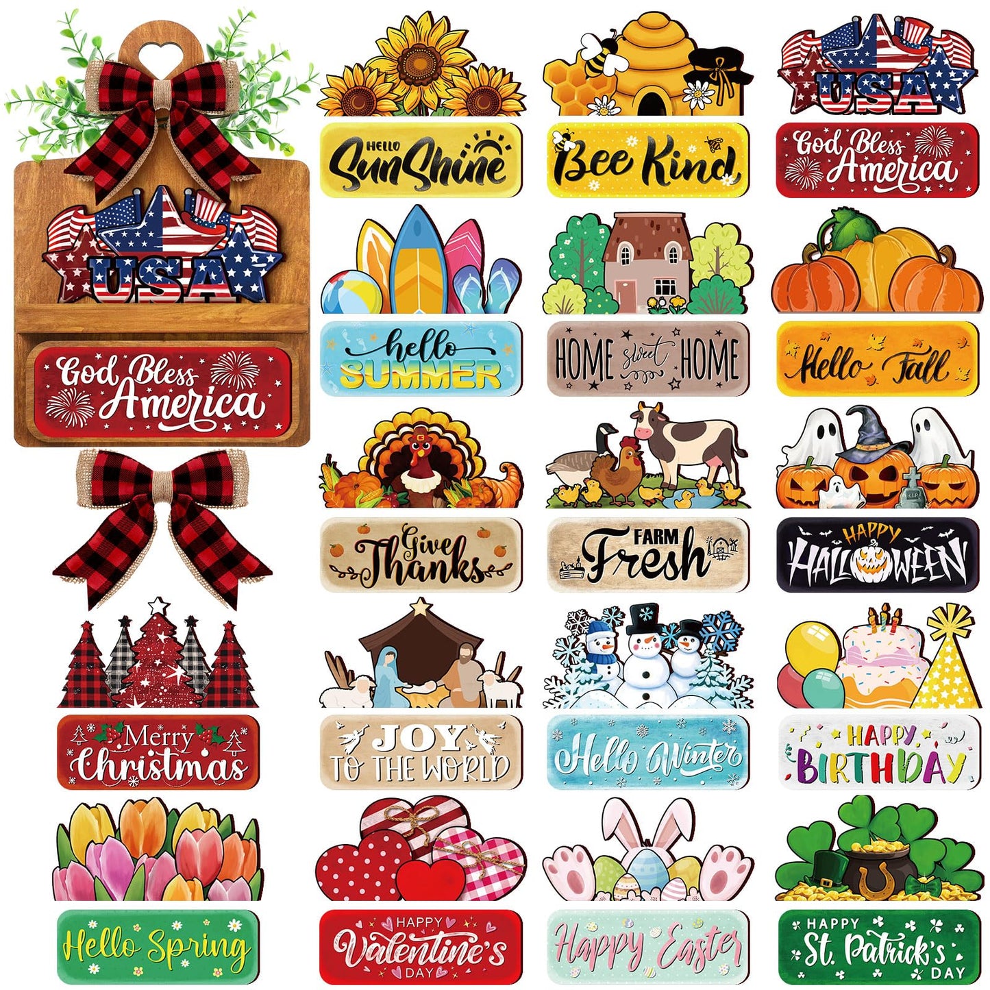 GlikCeil 37 Pcs Interchangeable Seasonal Decor Farmhouse Breadboard Interchangeable Seasonal Tier Tray Decor Holiday Halloween Thanksgiving Christmas Wooden Decoration with Bow for Table Kitchen
