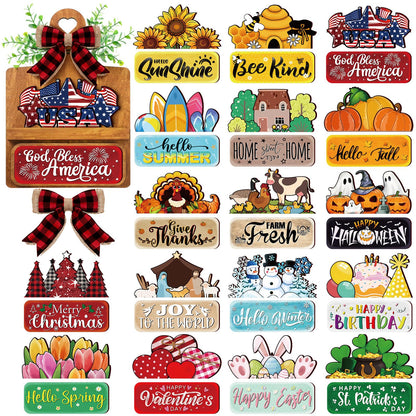 GlikCeil 37 Pcs Interchangeable Seasonal Decor Farmhouse Breadboard Interchangeable Seasonal Tier Tray Decor Holiday Halloween Thanksgiving Christmas Wooden Decoration with Bow for Table Kitchen