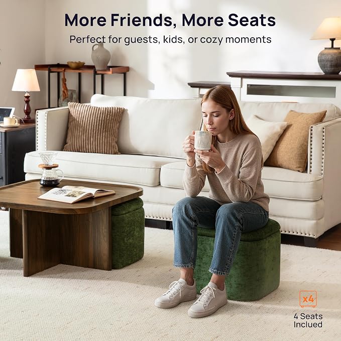 Square Coffee Table with Stools Underneath, Wood Ottoman Coffee Tables with 4 Chenille Storage Ottomans & Seats, Mid-Century Modern Coffee Table with Chairs for Living Room, Small Space, Walnut&Green