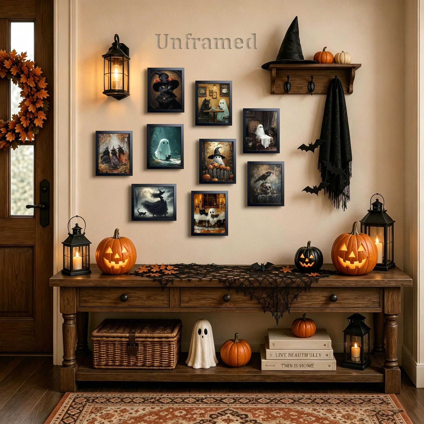 XYHYRA Halloween Wall Art Canvas Prints Set of 9, Dark Academia Wall Decor Painting, Ghost Cat Printed Poster, Gothic Spooky Aesthetic Picture for Gallery Living Room Bedroom Decor 8x10 inch Unframed
