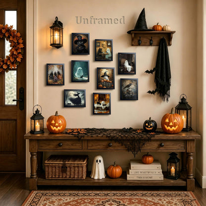 XYHYRA Halloween Wall Art Canvas Prints Set of 9, Dark Academia Wall Decor Painting, Ghost Cat Printed Poster, Gothic Spooky Aesthetic Picture for Gallery Living Room Bedroom Decor 8x10 inch Unframed