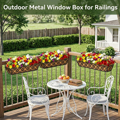 LAWYAMAI 4 Pack 30 Inch Railing Planter Box with Coco Liner, Adjustable Metal Window Box Planter for Balcony Deck Fence, Hanging Flower Basket for Outdoor Garden, Black