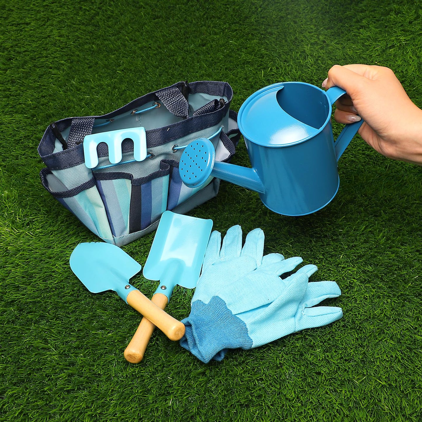 Kids Gardening Tools Set, Toddler Play Kit Child Outdoor Toy with Gloves, Watering Can, Metal Shovel, Rake, Spade & Storage Bag, Backyard Sand Digging Holiday Birthday Gift for Boy Girl 3 4 5 (Blue)