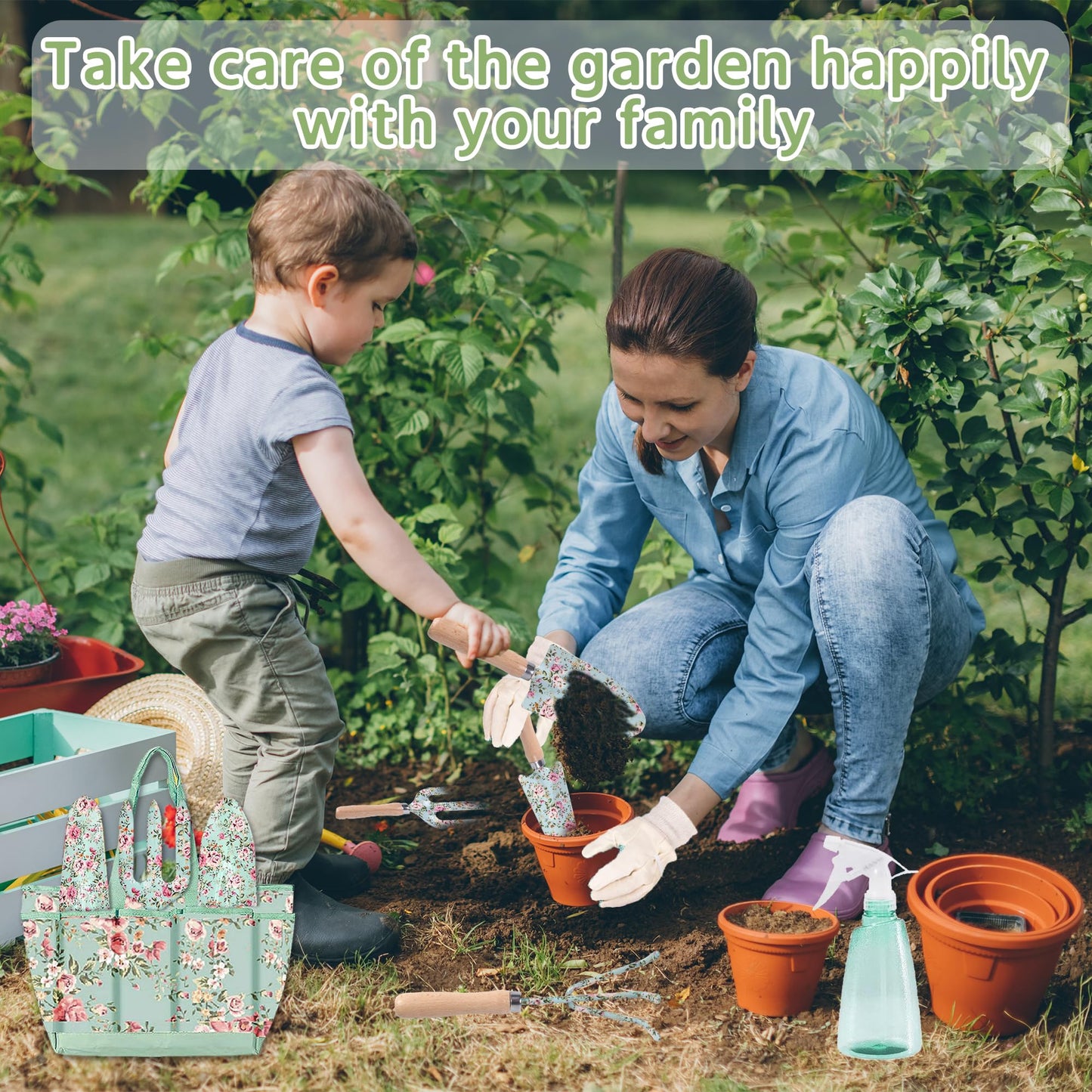 10-Piece Floral Garden Tools Set with Tote Bag, Heavy Duty Gardening Kit with Pruning Shears, Trowels, Rake, Sprayer, Kneeling Pad & Gloves - Gift for Women, Gardener, Mother's Day