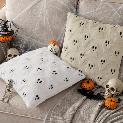 decorUhome Fall Halloween Ghost Pillow Covers 18x18 Inch Pack of 2 Soft Plush Faux Wool Textured Throw Pillow Covers Cute 3D Ghost Decorative Cushion Cases for Couch Sofa Bedroom Home Decor, Beige