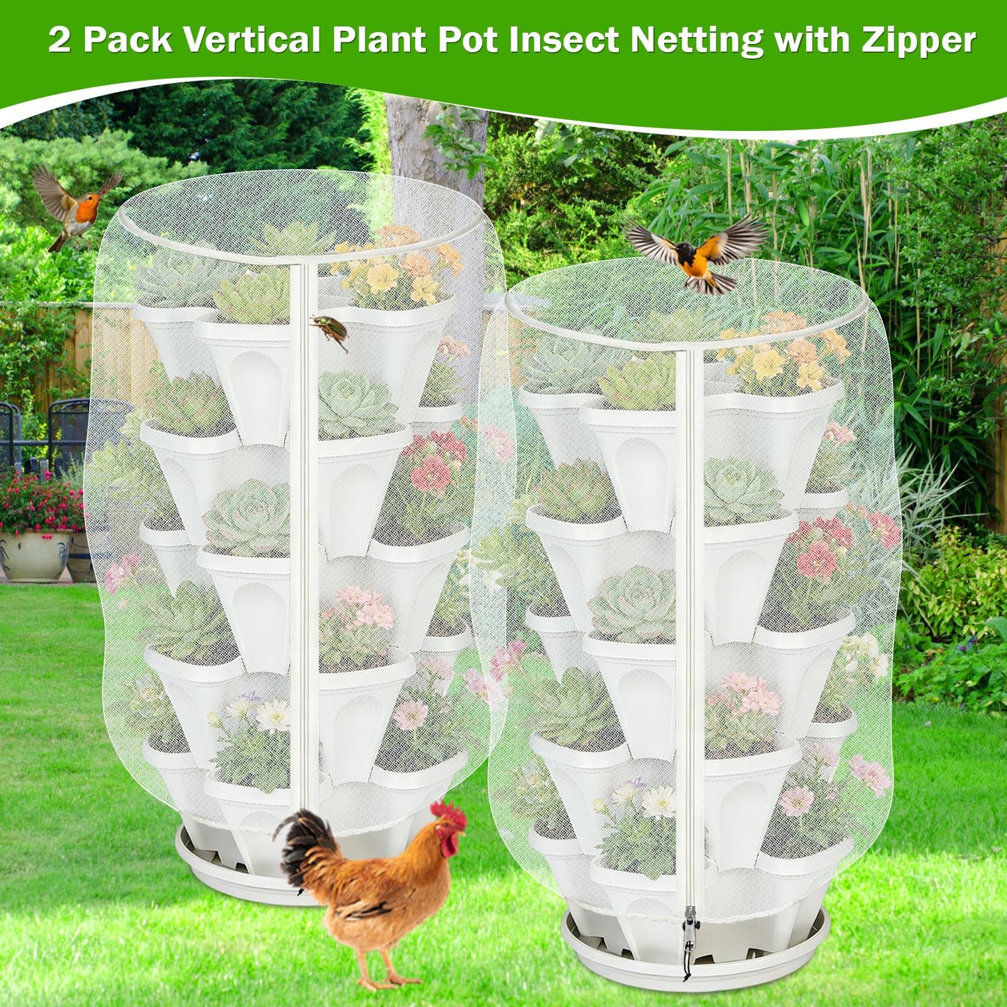 2 Pack Garden Vertical Planter Pot Insect Bird Netting,39.4" x 20" Stackable 5 Tier Strawberry Planter Pot Garden Mesh Plant Cover with Zipper for Outdoor Strawberry Herb Flower Protection