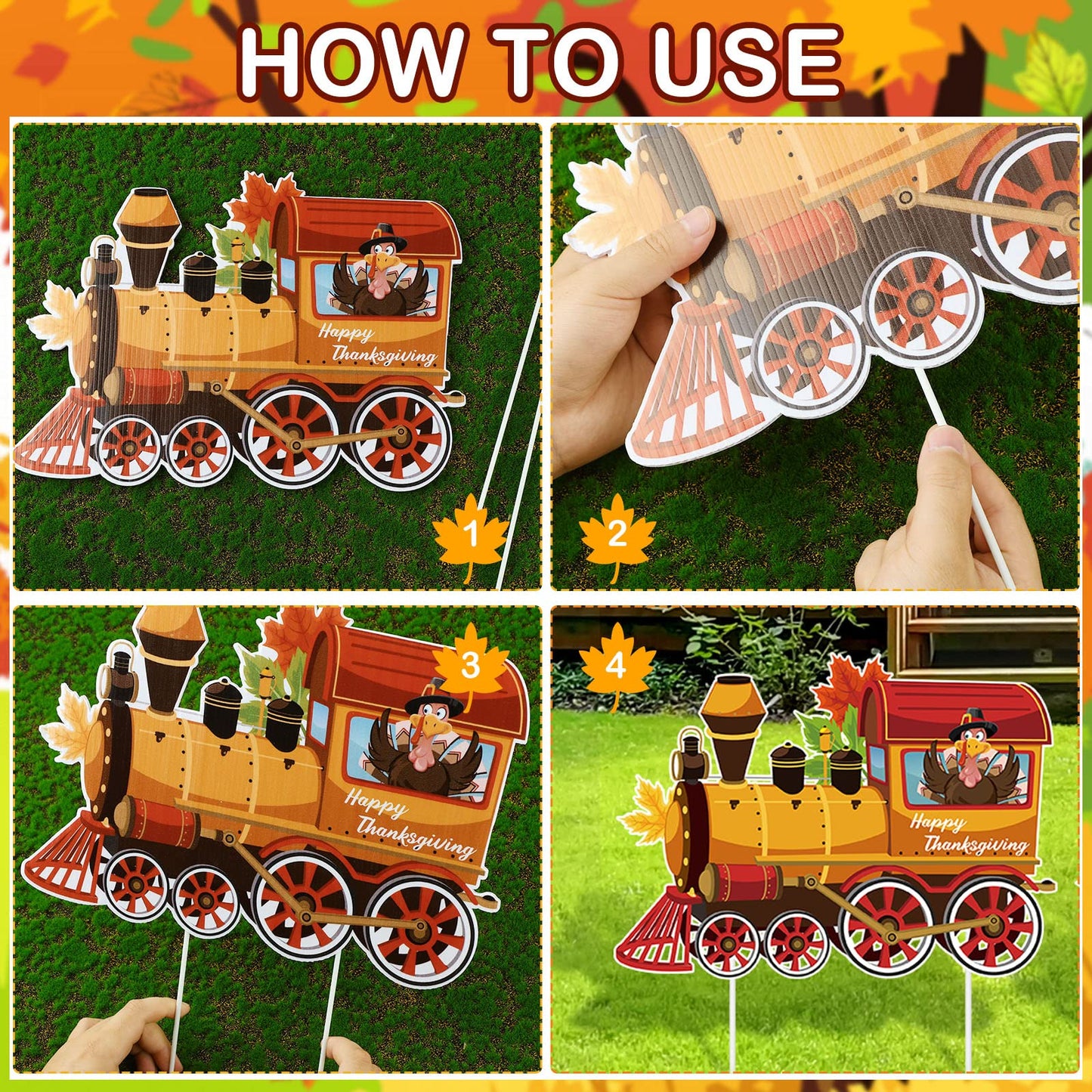 Weysat 4 Pcs Thanksgiving Yard Signs Train Outside Turkey Decoration Pumpkin Turkey Maple Gnome Thanksgiving Outside Decorations with 8 Pcs Plastic Stakes for Lawn Decor