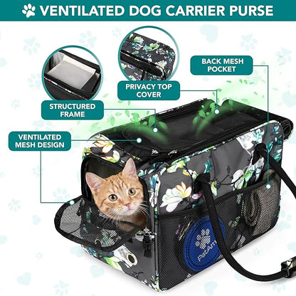 PetAmi Dog Purse Carrier for Small Dogs, Airline Approved Soft Sided Pet Carrier with Pockets, Ventilated Dog Carrying Bag for Puppy Cat, Dog Travel Supplies Bag, Sherpa Bed, Max 12 lbs, Floral Gray