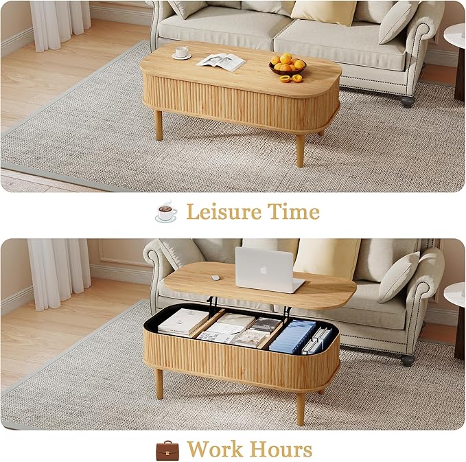 Fluted Lift Top Coffee Table with Hidden Storage, Oval Coffee Table with Lifting Top, Mid Century Modern Design for Living Room, Office & Small Spaces, Natural