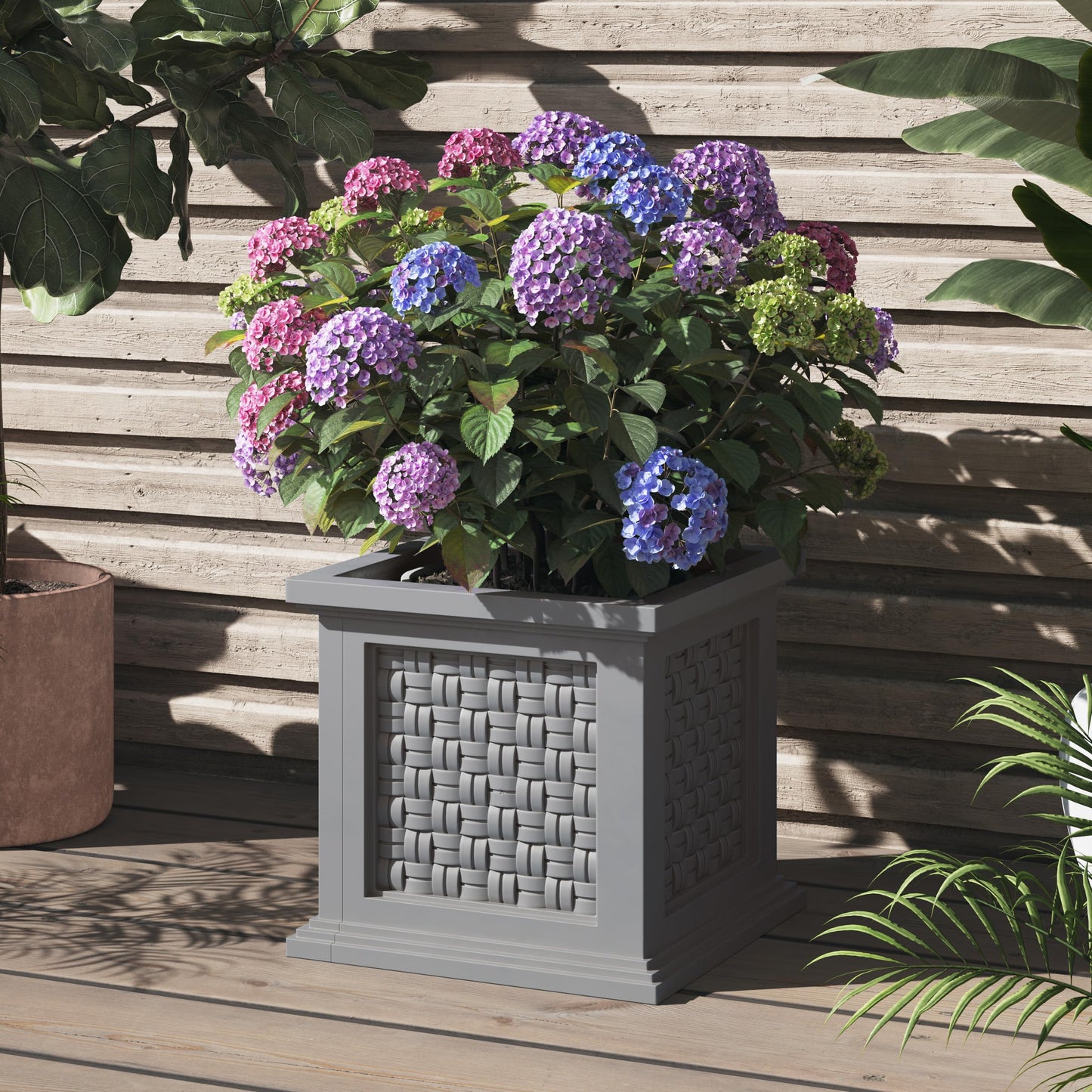 Rattan Style Outdoor Planter Box - 14.65-Inch-Square Decorative Flower or Plant Pot - Garden, Patio and Front Porch Decor by Pure Garden (Gray)