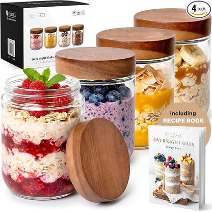 EDELHAUS Overnight Oats Containers with Lids Acacia (4 x 16oz) Glass Jars for Oatmeal, Meal Prep, Food Storage | Leak-Proof Mason Jars for Oats, Cereal, Yogurt, Chia Pudding [Thicker Glass 3mm]