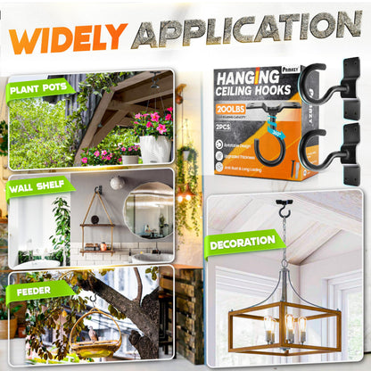 [UPGRADED] 2Pcs 200LBS Rotatable Ceiling Hooks with 4 Screw Points Base, Wall Mount Metal Hanger Black Ceiling Hook for Hanging Plant, Bird Feeder, Lights, Bed Canopy, Wind Chime, Indoor Outdoor Decor