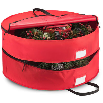 ZOBER Christmas Wreath Storage Container 30 Inch - Wreath Bag Fits 2 Wreaths Box - 600D Oxford Fabric - Interior Compartment for Storing Garlands, Wreaths Storage Bag W Strong Durable Handles - Red