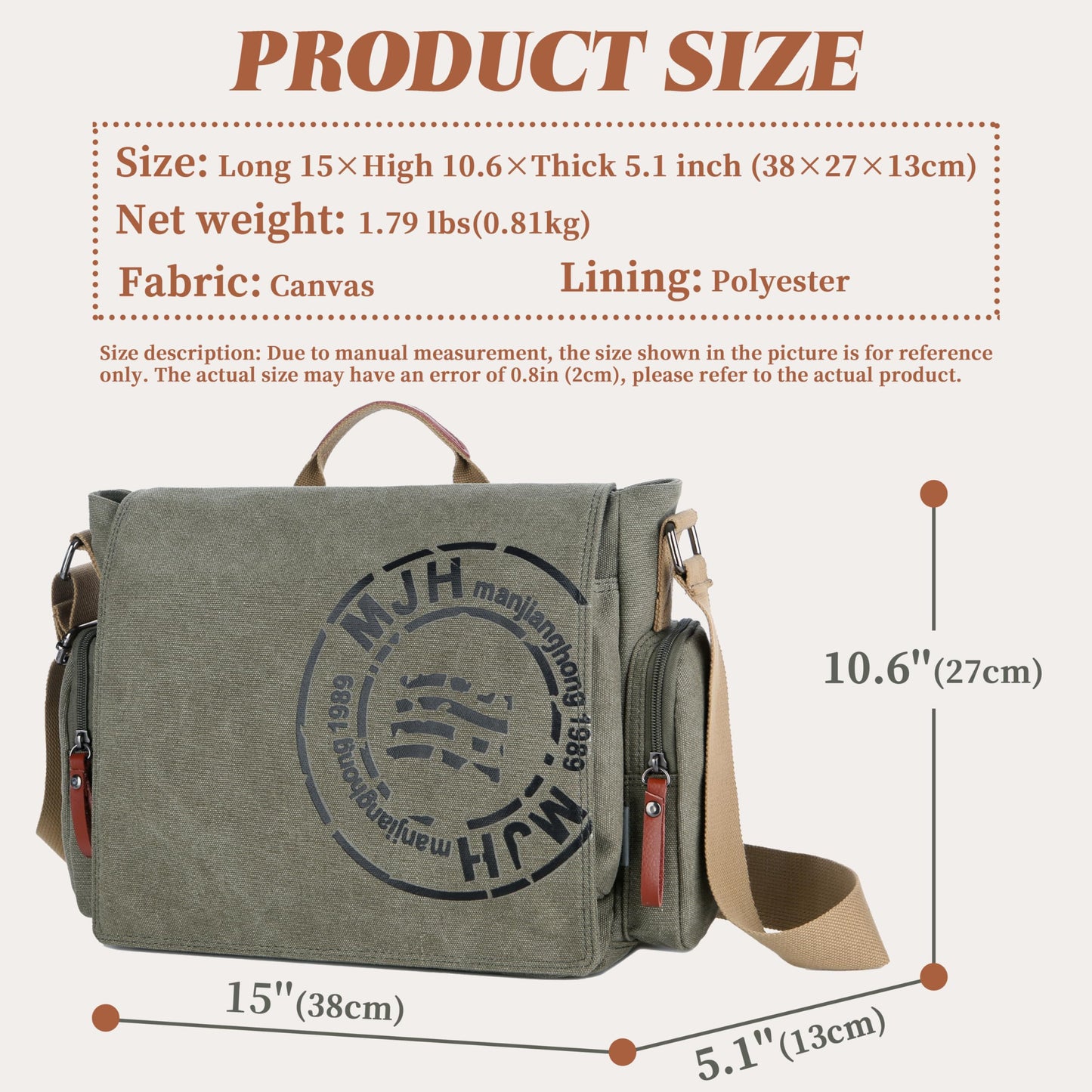 FSD.WG Satchel Messenger Bag for Men Canvas,Travel Shoulder bag 13.5" Laptop Bags