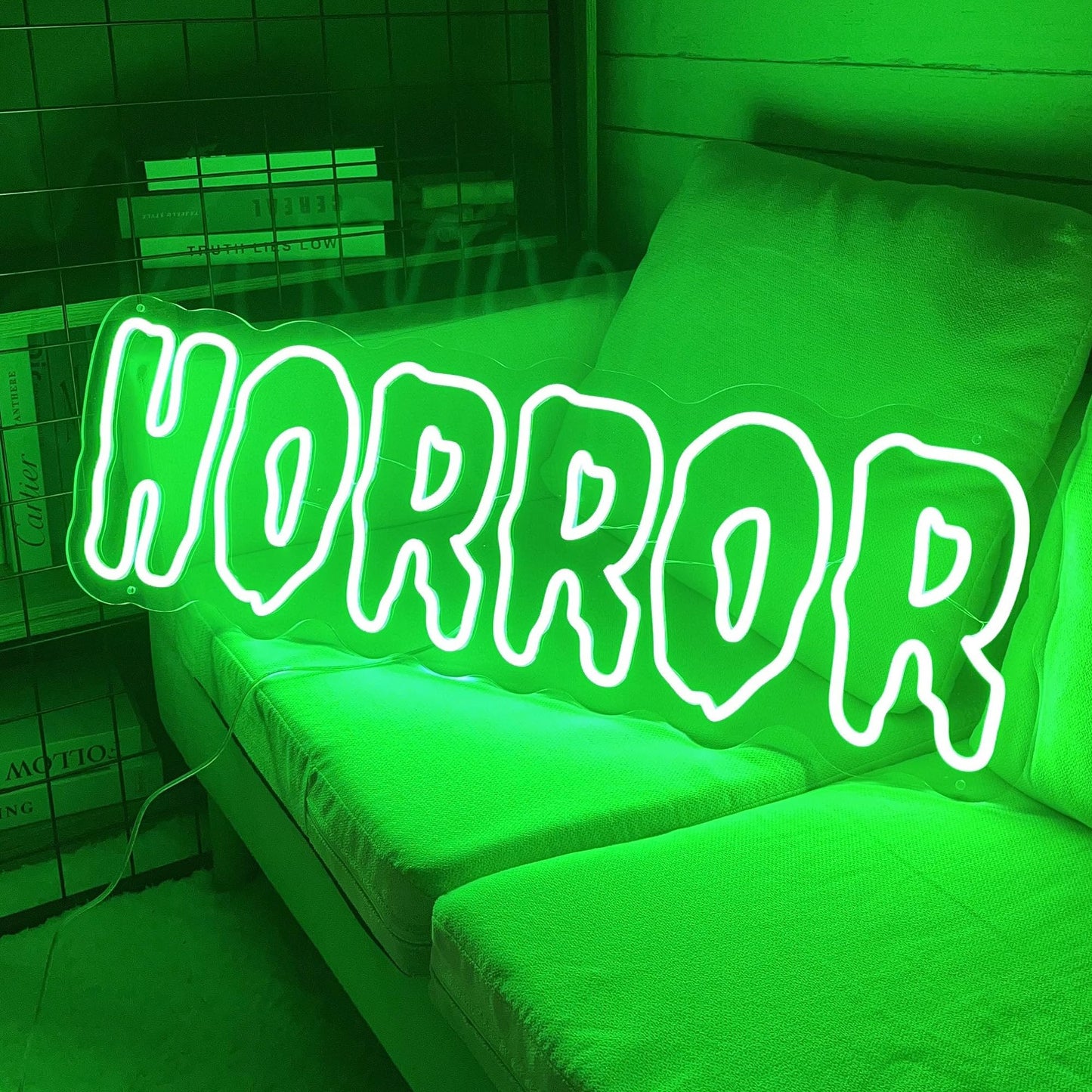 Horror Neon Sign – Green LED Wall Light for Halloween Party Decor, USB Powered Dimmable Gothic Accent for Bedroom or Spooky Room Setup, 16.5"×5.7"