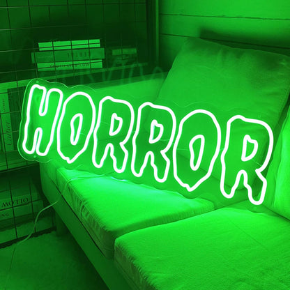 Horror Neon Sign – Green LED Wall Light for Halloween Party Decor, USB Powered Dimmable Gothic Accent for Bedroom or Spooky Room Setup, 16.5"×5.7"