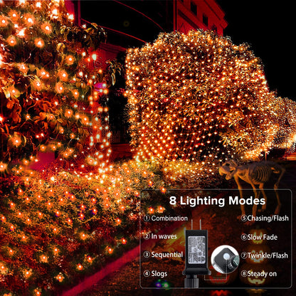 BlcTec Halloween Net Lights 360 LED 9.8ft x 6.6 Orange Halloween Lights with 8 Modes, Timer, Connectable, Waterproof & Dark Green Wire Design for Lawn, Porch, Shrub, Bushes Outdoor Holiday Decorations