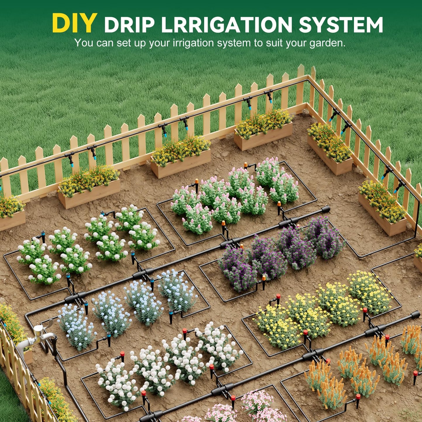 Drip Irrigation System for Garden, 2026-Upgraded Quick Connect Garden Watering Kit All-in-One with 1/2 inch 1/4 inch Irrigation Tubing for Garden, Lawn, Greenhouse, Raised Beds (126FT)