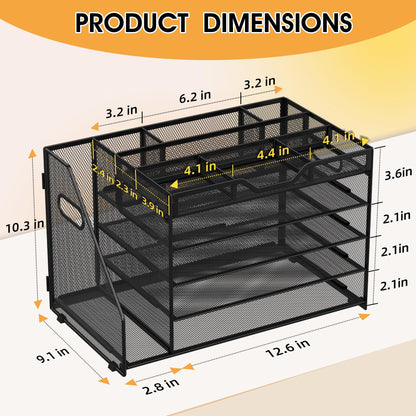 OrgMate 5 Tier Paper Letter Tray with File Holder and 3 Drop-in Pen Holders, Mesh Desk File Organizer with Handle, Desk Organizers and Accessories for School,Home, Office Supplies Storage-Black