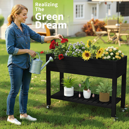PatioZen Raised Garden Bed with Legs, 33.66" Tall Self-Watering Resin Planter Box with Lockable Wheels Drainage Plug and Gauge for Vegetables, Flowers, Storage Shelf for Tools and Accessories (Black)