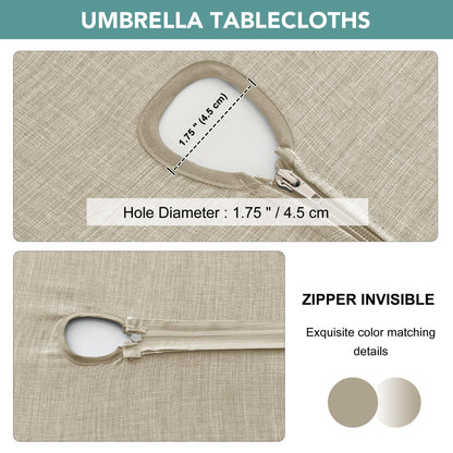 Outdoor Tablecloth with Umbrella Hole - Patio Table Cloth Zippered Round 60 Inch, Linen-Look Polyester Table Cover Water Resistant for Picnic Outside, Natural Color