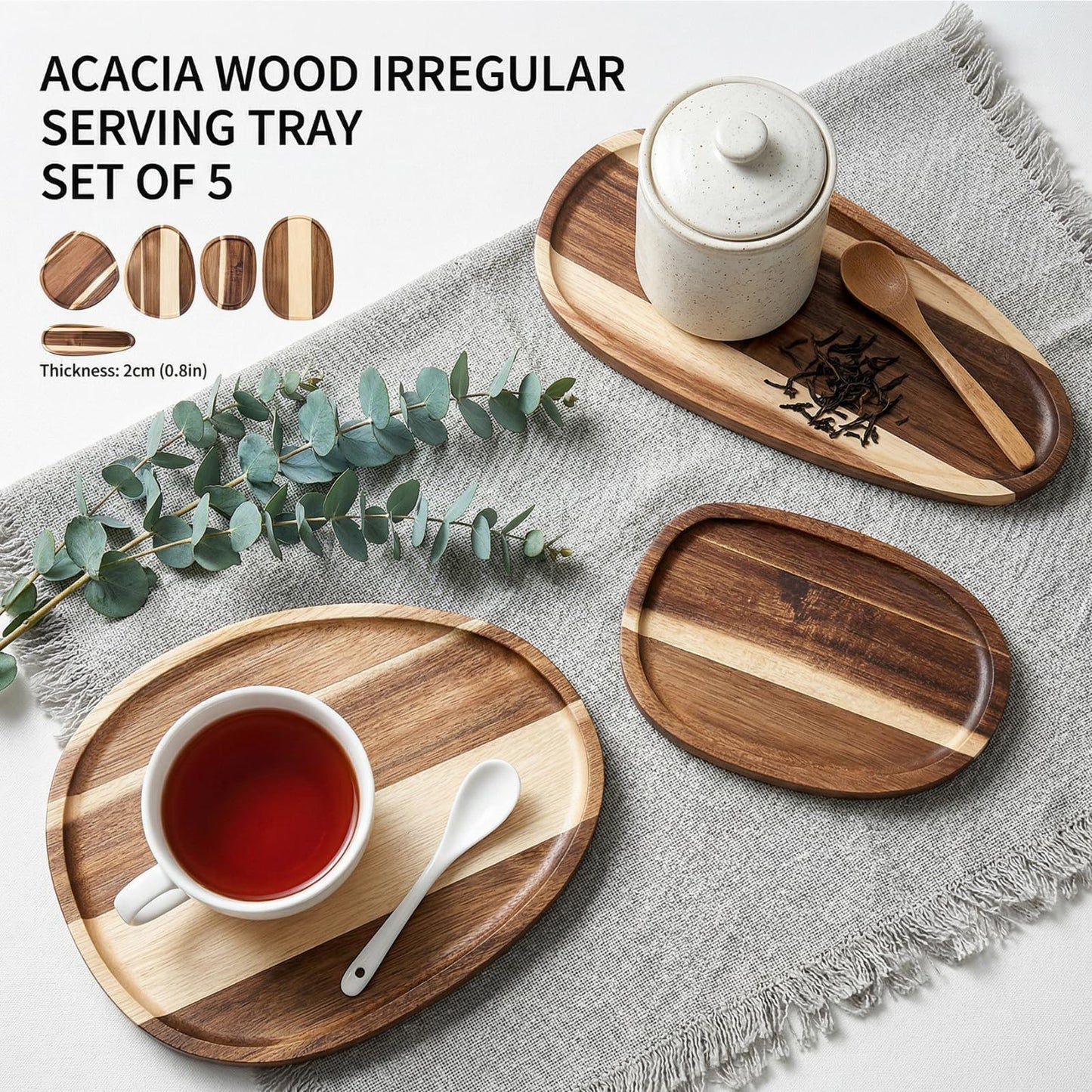 Okllen Set of 5 Small Acacia Wood Serving Platter and Trays, Irregular Oval Solid Wood Plates Serving Tray, Lightweight Wood Dinner Plates for Breakfast, Coffee, Tea, Snack, 6.3~11.7" L, 5.1~8.2" W