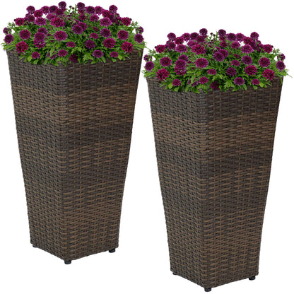 Sunnydaze Square Tall Wicker Outdoor Planter Set of 2 - Polyrattan Large Outdoor Planters for Porch, Patio or Garden - 24" Tall Plant Pots - Brown