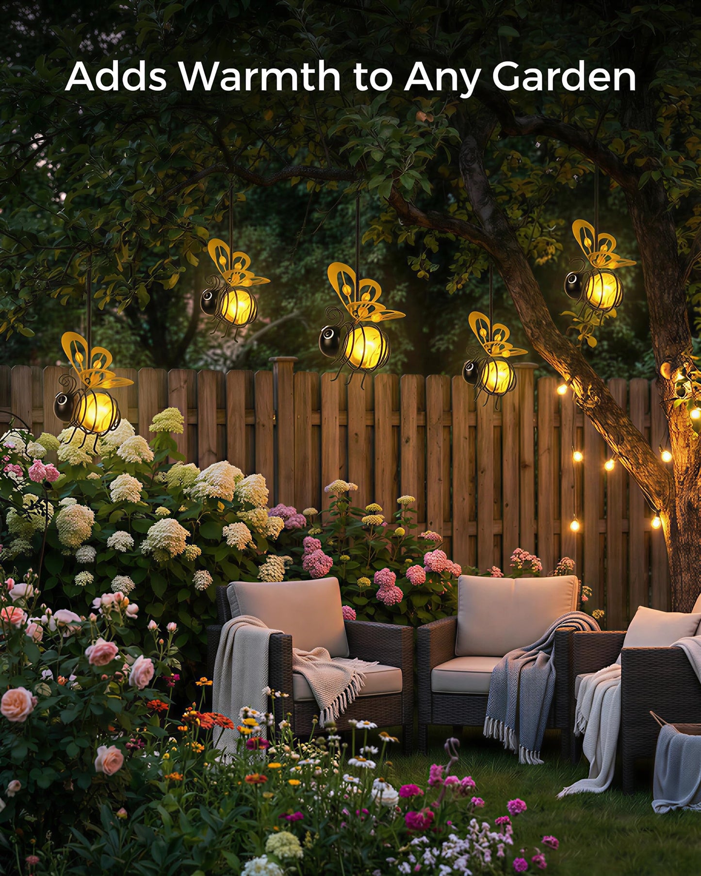 Solar Hanging Bee Light - Outdoor Metal Garden Decor with LED Glow, Yellow Body - Waterproof Solar Powered Insect Ornament for Yard, Tree, Porch, Patio - Gift for Women, Mom, Bee Lovers (1 Pack)