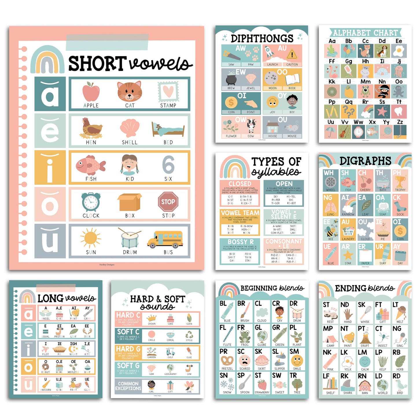 Hadley Designs Phonics Posters for Classroom Must Haves - 9 Sound Wall for Kindergarten & Elementary Teacher Supplies, Syllable, Vowels, Digraphs & Blends Bulletin Board Set, Boho Classrom Decor