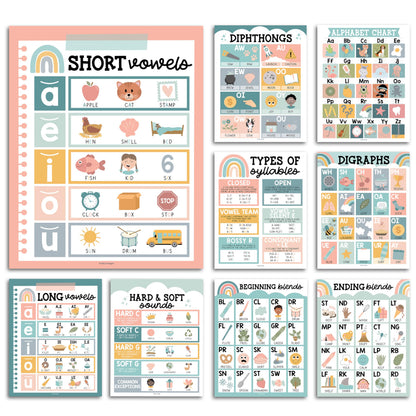 Hadley Designs Phonics Posters for Classroom Must Haves - 9 Sound Wall for Kindergarten & Elementary Teacher Supplies, Syllable, Vowels, Digraphs & Blends Bulletin Board Set, Boho Classrom Decor