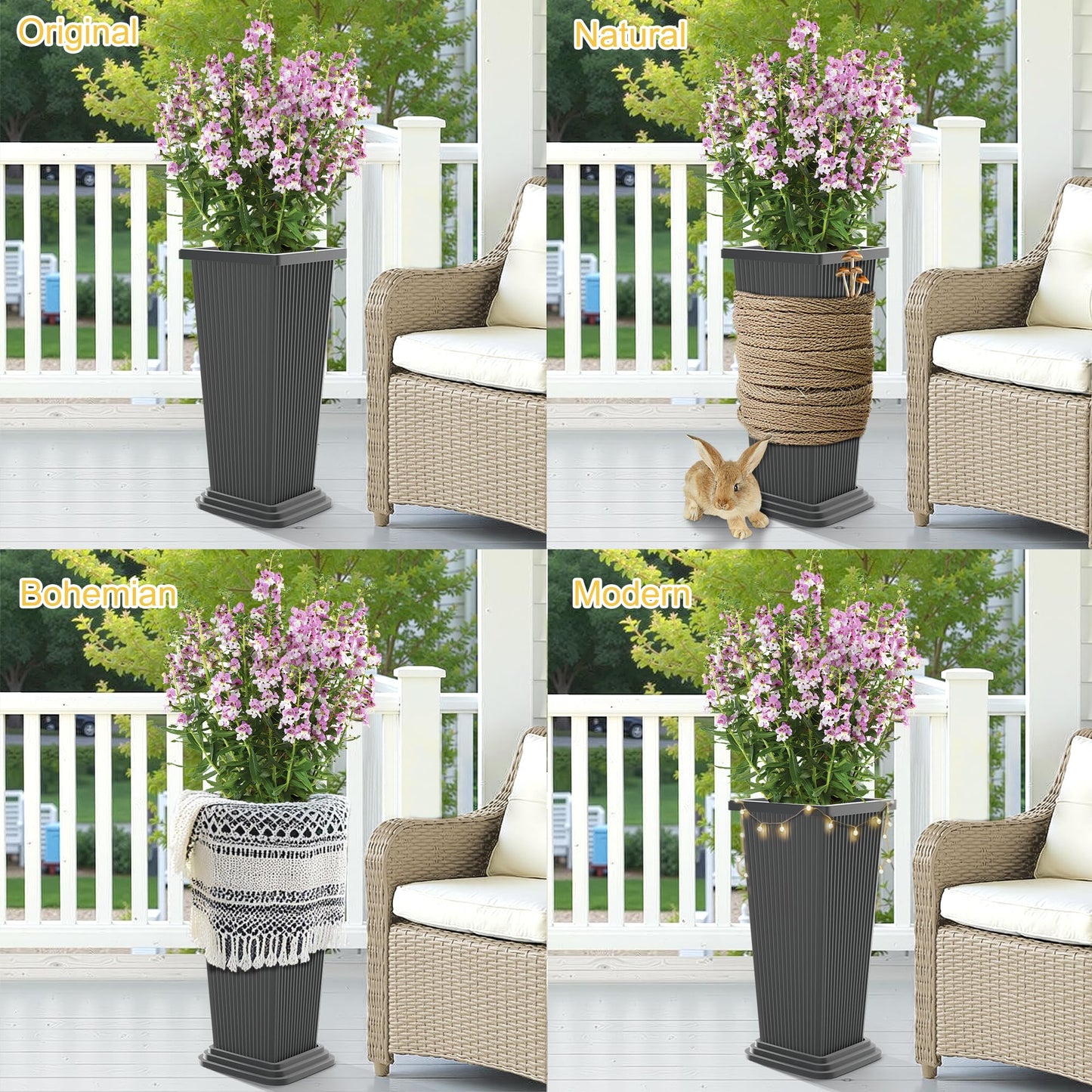 YESUNEED 24-Inch Tall Planters Set of 2 for Outdoor and Indoor Use,Tapered Flower Pots with Drainage Tray, Front Porch and Patio Decor,Ideal for Large Plants (Stripes-Grey)