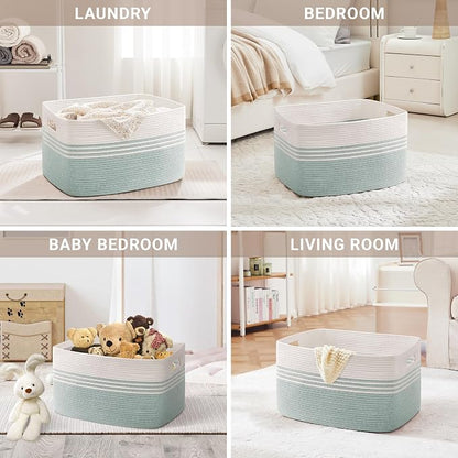 100L Extra Large Laundry Basket for Living Room Storage,Woven Rope Baskets for Blanket,Kids Toy,Gifts,Wicker Hamper for Bedroom Dirty Clothes,24"x16"x16" White Green