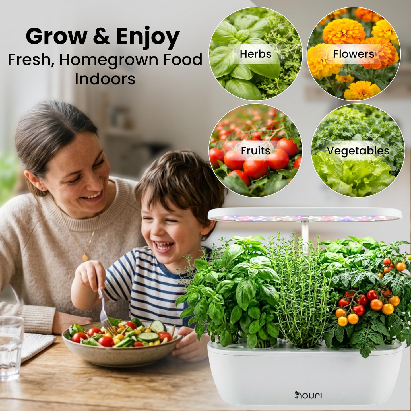 Nouri Hydroponics Growing System, 12 pod Smart Indoor Herb Garden Kit with LED Grow Lights, Hydroponic Herb Garden Indoor for Plant Lovers, Gardeners, Kitchen, Basil Seeds Included