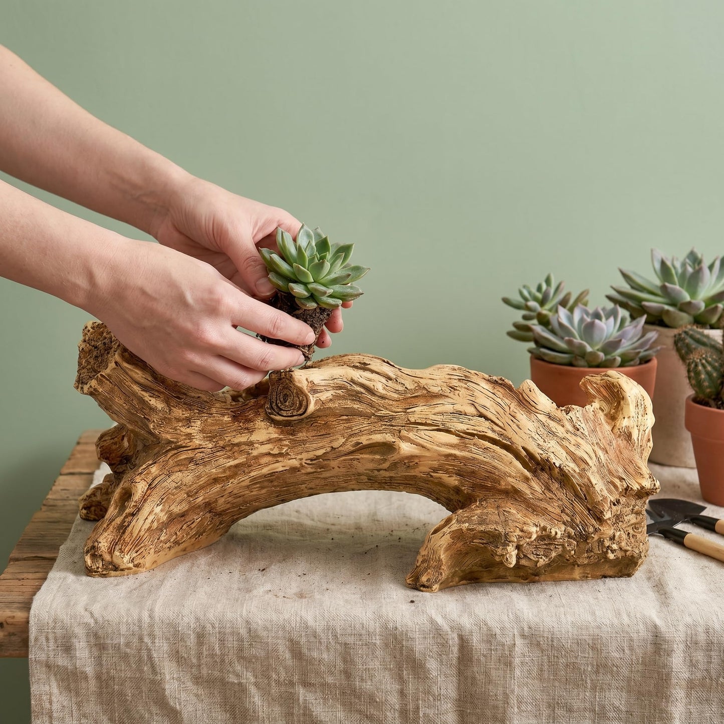 Hiceeden Artificial Driftwood Succulent Planter, Resin Tree Stump Sculpture Rustic Cactus Flower Pot for Herb, Strawberry, Small Plants, Natural Color Drainage Hole, 14.6" L x 4.3" W x 5.1" H