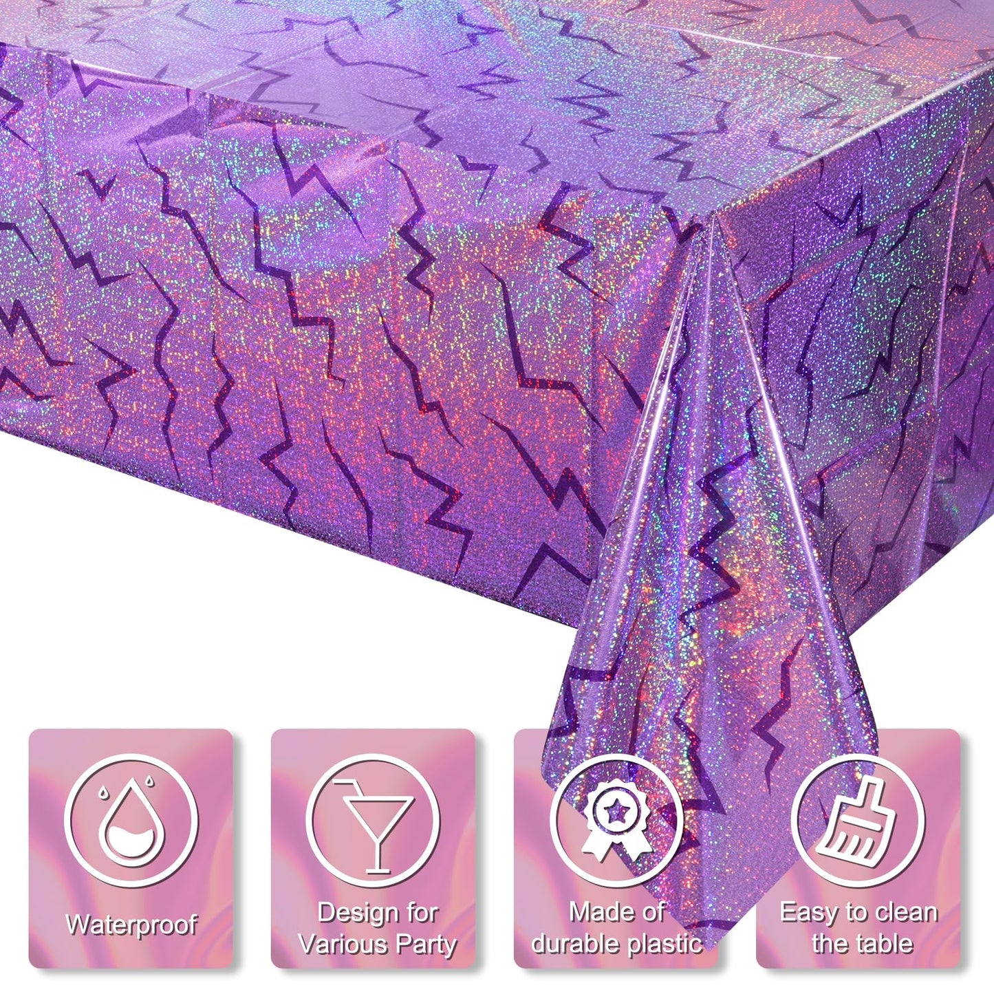 Hauwellter 6 Pack Iridescent Purple Kpop Plastic Tablecloth 54x108 Inch, Holographic Laser Disposable Table Cover, Rectangle Purple Table Cloth for Kpop Disco Halloween Birthday Party Decorations