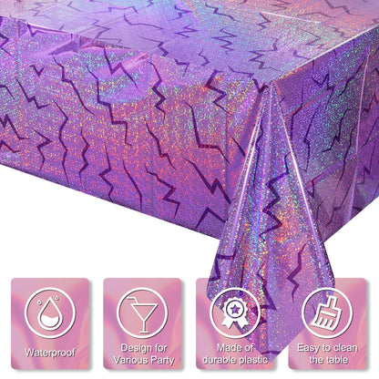 Hauwellter 6 Pack Iridescent Purple Kpop Plastic Tablecloth 54x108 Inch, Holographic Laser Disposable Table Cover, Rectangle Purple Table Cloth for Kpop Disco Halloween Birthday Party Decorations
