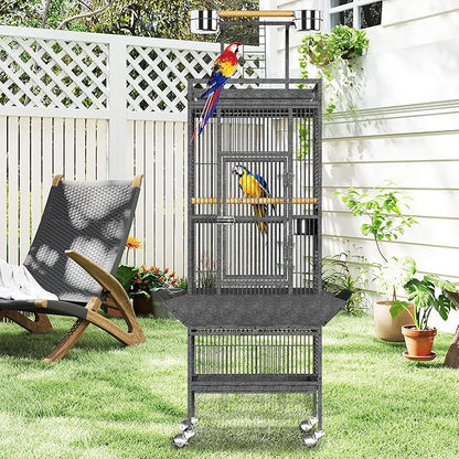 61 Inch Metal Bird Cage with Stand Large Rolling Parrot Cages with Play Top Seed Catcher Removable Tray Parrot Cage for Lovebirds Cockatiels Pigeon Finches, Black
