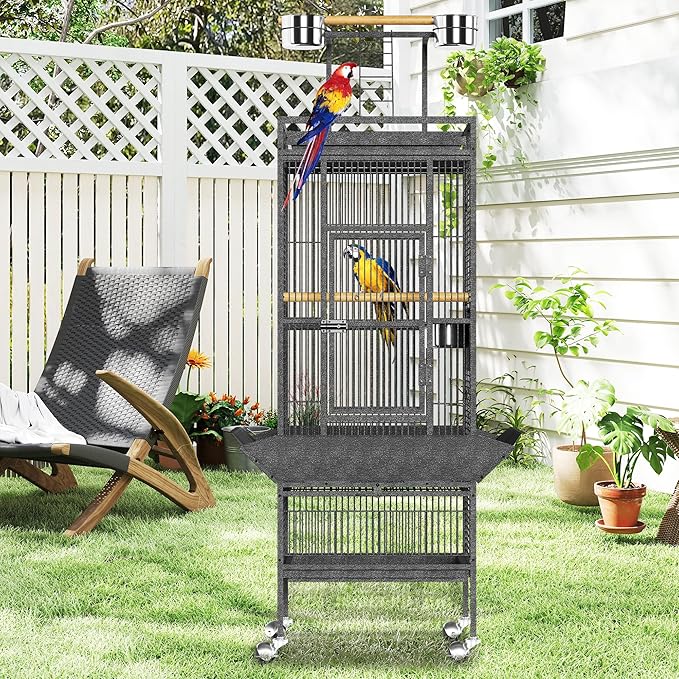 61" Extra Large Bird Cage with Rolling Stand & Play Top - Wide Metal Parrot Cage for Macaws, Cockatoos, Conures, Parakeets, Lovebirds, Includes Bowls