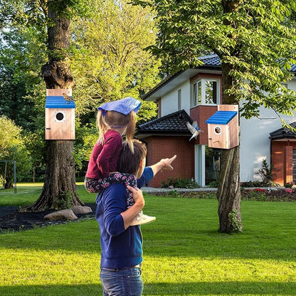 Dreyoo Cedar Bluebird Box Houses for Outside, 1-1/2'' Entrance Hole Wooden Bird Houses with Metal Guard, Secure Latch, Fledgling Grooves, Air Vents for Bluebird Wren Swallow (2 Pack)