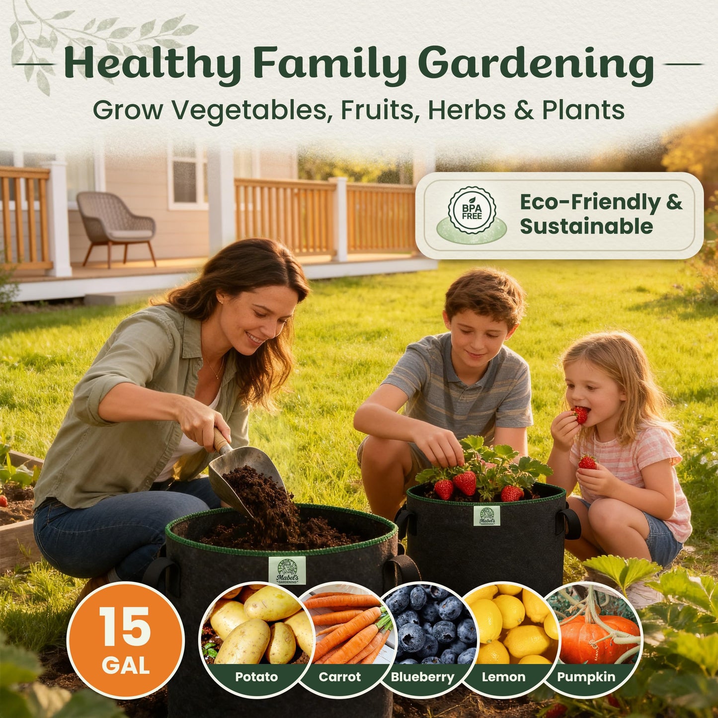 Mabel's Gardening 5-Pack 15 Gallon Grow Bags - Garden Planting Bags 17.7 x 14.2 INCH Made of 8.85 oz/yd² (300g/m²) Felt & Fleece Fabric Plant Pot, Plant Bag, Grow Bag for Pumpkin Potato Tomato
